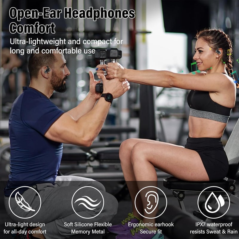 STECEi Open Ear Headphones, Bluetooth 5.4 Earphones 36H Playtime Air Conduction Headphones with Mic, Adjustable Earhook Earbuds with ENC Clear Calls/LED Display, IPX7 Waterproof Open Ear Earbuds Black - Image 2